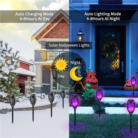 Purple Halloween Pathway Lights with Flickering Flame, 12Pack Solar Lights - Picture 3 of 7